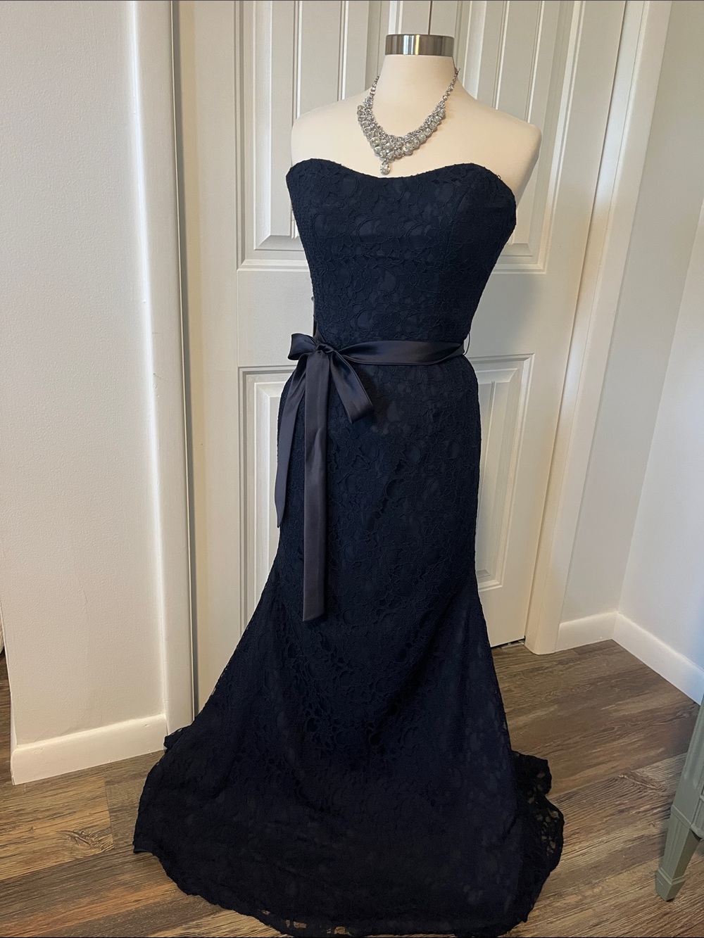 Strapless Navy Lace Evening Gown with Sash